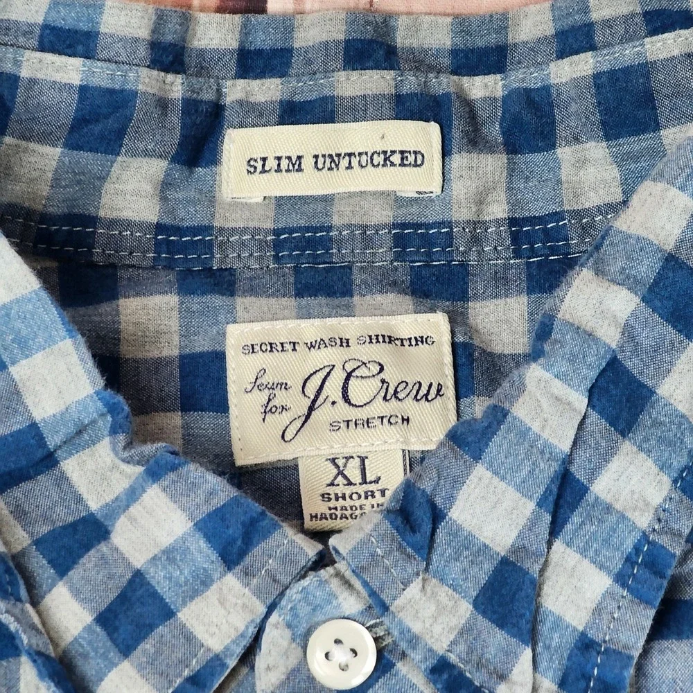 J Crew Mens Size XL Short Slim Untucked Cotton Stretch Secret Wash Shirt Gingham